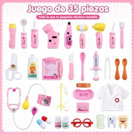 Genérico 35 Piezas Kit de Doctor para Niñas, con Disfraz de Doctor y Bolsa de Transporte, Juego de Juguetes Médicos para niñas pequeñas (Rosa)