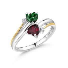 925 Silver and 10K Yellow Gold Green Nano Emerald Red Rhodolite Garnet and Lab Grown Diamond 2 Heart Promise Couple Engagement Mother Ring (1.07 Cttw, Gemstone Birthstone, In Size 5, 6, 7, 8, 9)