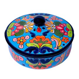ELTRICOLOR Talavera Tortilla Warmer - Tortilla Warmer Ceramic – Hand Painted Ceramic Tortilla Warmer with Lid - Mexican Tortilla Warmer - Tortilleros Mexicanos Artesanales (Turquoise)