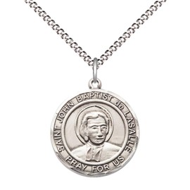 Medium Women's Sterling Silver Saint John Baptist de la Salle Pendant Necklace on 18” Rhodium-Plated Lite Curb Brass Chain with Lobster Claw Clasp – Patron Saint of Educators & Teachers – Velvet Gift Box