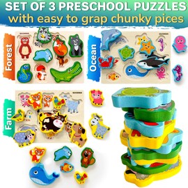 QUOKKA Toddler Educational Toys for 1 2 3 Year - 3 Set Wooden Chunky Puzzles for 2 3 yo - Montessori Learning Toys with Animals - Gift Game for Boy ans Girl