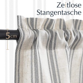 Vangao Striped Net Curtain, Linen Striped Bistro Curtain, Semi-Transparent Panel Curtains, Kitchen Curtain, Short Window Scarf for Living Room, Small Window, Country House, Black, 65 x 90 cm (W x H),