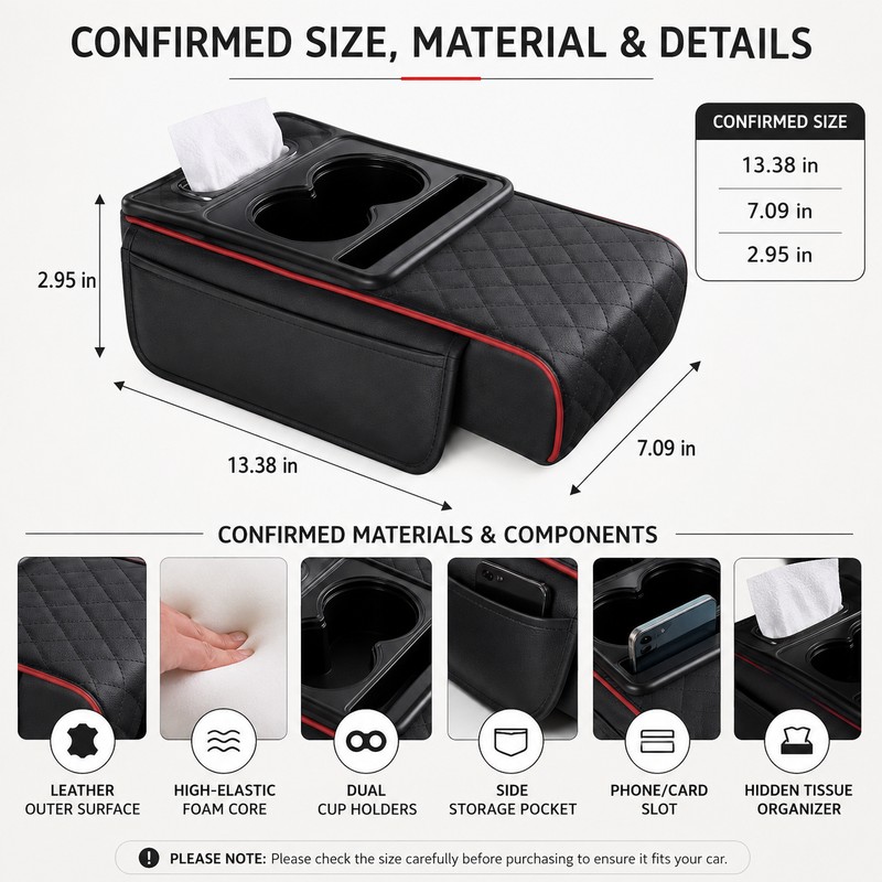 Car Center Console Armrest Cushion with Storage – PU Leather