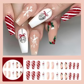 Christmas Press on Nails Long Coffin Square Fake Nails with Glitter Snowball Red White Stripe Snowflake Design Christmas Glue on nails Full Cover Acrylic False Nails for Women Holiday Manicure 24Pcs
