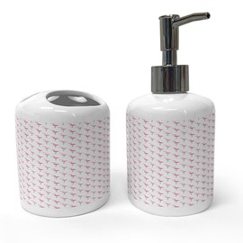 Ambesonne Flamingo Soap Dispenser & Toothbrush Holder Set, Minimal Pattern of Exotic Birds Pattern Brazilian Animals Wildlife Cartoon, Ceramic Bathroom Toiletry Accessories, 2 Pcs, Pink and White