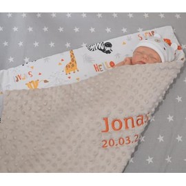 BotoBaby Double Layer Baby Blanket with Name and Date Embroidered Minky Cotton Filling (Beige - Safari, 75 x 100 cm)
