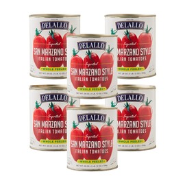DeLallo San Marzano Style Whole Peeled Tomatoes, Non-GMO, Italian Plum Tomatoes Packed in Rich Puree, Grown and Harvested in Italy, 28 oz Can, (6 Pack)