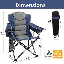 Colorsoul Oversized Camping Chair, Padded Portable Camping Chairs with Cup Holder, Cooler Bag and Shoulder Straps, Heavy Duty Outdoor Folding Chair for Camping, Beach, Fishing, Support 350 LBS, Blue