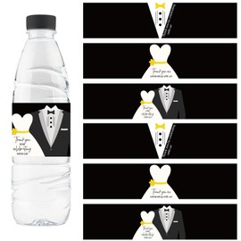 URROMA Wedding Water Bottle Label Thank You, 72 Pcs Wedding Suit Dress Pattern Water Bottle Wrap Black Rectangle Bottle Sticker for Party Decoration