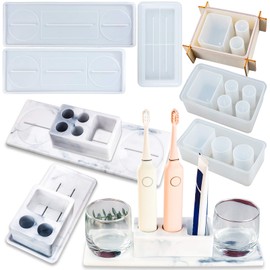 FUNSHOWCASE Toothbrush Holder Epoxy Resin Silicone Molds Set for Cement Concrete Polymer Clay Bathroom Storage Organizer Tray 6-Count