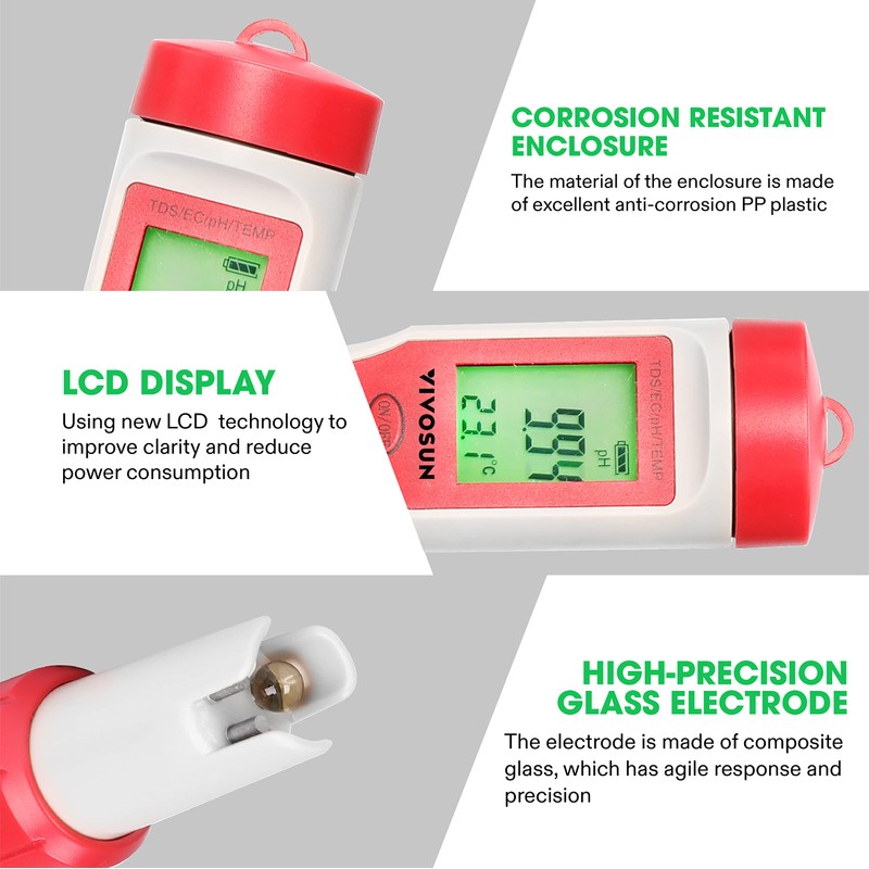 VIVOSUN 4-in-1 Digital pH Meter with pH/TDS/EC/Temp Function, 0-14.0 pH