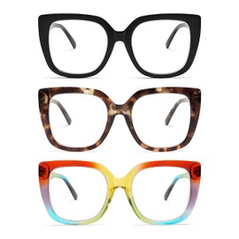 3-Pack Retro Oversized Square Reading Glasses for Women Large Stylish Blue Light Blocking Readers AM6072 Mix (+1.00 Magnification Strength)