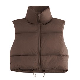 Women's Winter Cropped Puffer Vest Crop Jackets For Women Full Zip Stand Collar Padded Lightweight Outwear Vest Y2K Tops Brown M