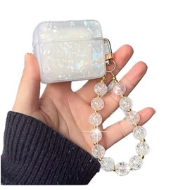Glossy Shell Type case for AirPods pro 2/ Airoids pro with Crystal Beaded Charm Strap, White Pearl Effect
