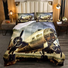 Erosebridal Airplane Bedding Military Aircraft Full Bed Comforter Set Kids Bedroom Decor, Army Plane Comforter Set Vintage Grunge Aircraft Duvet Insert 3 Piece, 1 Comforter 2 Pillowcases