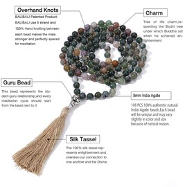 BALIBALI 108 Mala Beads Necklace Semi-Precious Gem Stones Meditation Necklace 108 Hand Knotted Japa Mala Beaded Tassel Necklace with Tree of Life Pendant, Stone