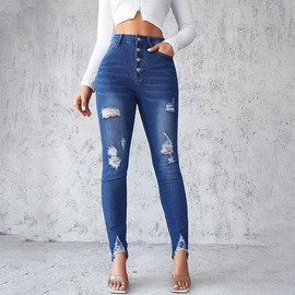 FLOYU European and American high waist skinny jeans women 2024 spring style slim blue buttoned small pants pencil pants Breathable Casual - Color: blue, Size: L