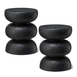Glitzhome Outdoor Side Table Set of 2, 18" H Decorative Garden Stool MgO Faux Terrazzo End Table, Heavy Duty Indoor Outdoor Round Planter Stand for Living Room Bedroom Patio Deck Poolside,Black