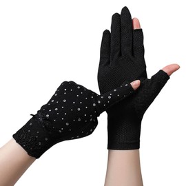 Umeloeo Women's Lace Gloves, Summer, Stylish, Ribbon, Floral Pattern, Lace Gloves, Short, UV Protection, Sun Protection, For Weddings, Brides, Bicycles, Driving, lace black