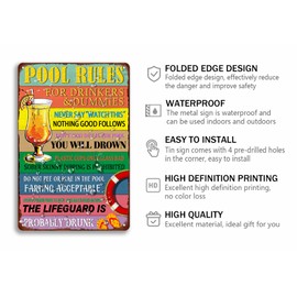 Pool Rules Tin Sign Vintage Swimming Pool Metal Signs Funny Pool Wall Decor For Patio Swimming Pool Party Water Park Outdoor Decoration 8x12 Inch
