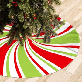 White Red and Green Christmas Tree Skirt 48 Inch, Candy Christmas Decor, Winter Holiday Peppermint Candy Swirl Striped Tree Mat Decoration for Xmas Party Ornaments Holiday Accessory Decorative