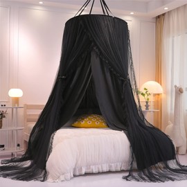 HUOQOU Double Layer Princess Round Dome Canopy Bed Curtain for Girls Adults Children Dreamy Mosquito Net Cute Bedroom Decoration Castle Play Tent Reading Corner (Black/Black)