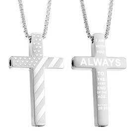 FUNPAR American Flag Cross Breathing Necklace, Stainless Steel Patriotic Jewelry, Inspirational Bible Verse Cross Necklace, Anxiety Relief Items for Men Christian Gift(Silver 28:20)