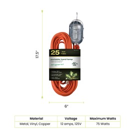 Go Green Power Inc. 25ft Portable Hand Lamp with 16/3 Kink-Free Cord (Bulb not included) - Durable Construction, Swivel Hook, and Built-In On/Off Switch - Ideal for Construction and Household Projects