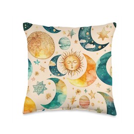 Boho Gifts & Decorations Boho Moon Sun Stars Planets Space Abstract Women Girls Lunar Throw Pillow, 16x16, Multicolor