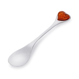 AMBEDORA Spoon Size M, Sterling Silver Polished Baltic Amber Heart Medium Silver Spoon with Amber Heart, Gift for Christening Wedding Anniversary Birthday Anniversary