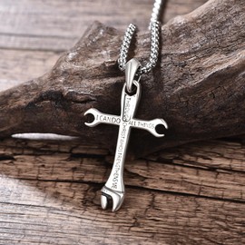 Wrench Cross Necklace for Women Wrench Tool Charm Pendant Bible Verse Philippians 4:13 I CAN DO ALL THINGS Jewelry Inspirational Gift for Dad Son