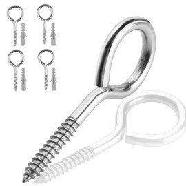 Ruayia Screw Hooks, Stainless Steel, Pack of 4, M8 x 114 mm, 304 Stainless Steel, Self-Tapping, Eye Screws, Ceiling Hooks, Hook Screw, Ring Screw, Nails, Eyelets Screw for DIY Cork, Crafts, Hanging Wooden Frames