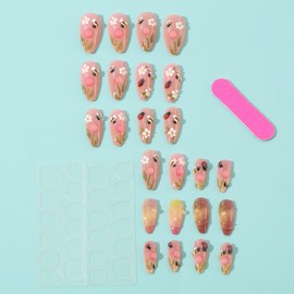 3D Flower Press on Nails Medium Almond Fake Nails with Bee Insect Tulip Daisy Designs Handmade Stick on Nails Glossy Reusable Full Cover False Nails for Women Manicure 24 Pcs (Pink-22, M-22)