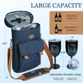 MELOTOUGH 2 Bottle Wine Cooler Bag Insulated Wine Carrier with 2 Stainless Steel Glasses Portable Wine Tote Bag Wine Travel Bag Gift for Wine Lovers, Blue