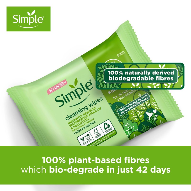 Simple Kind to Skin Bio-Degradable Cleansing Wipes, 25 Pack