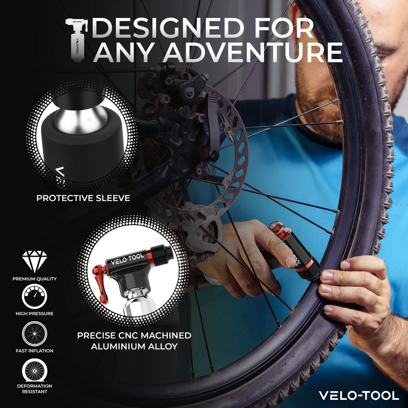 Velo-Tool™ CO2 Inflator Bike Pump–Premium Black/Silver, Quick & Lightweight +