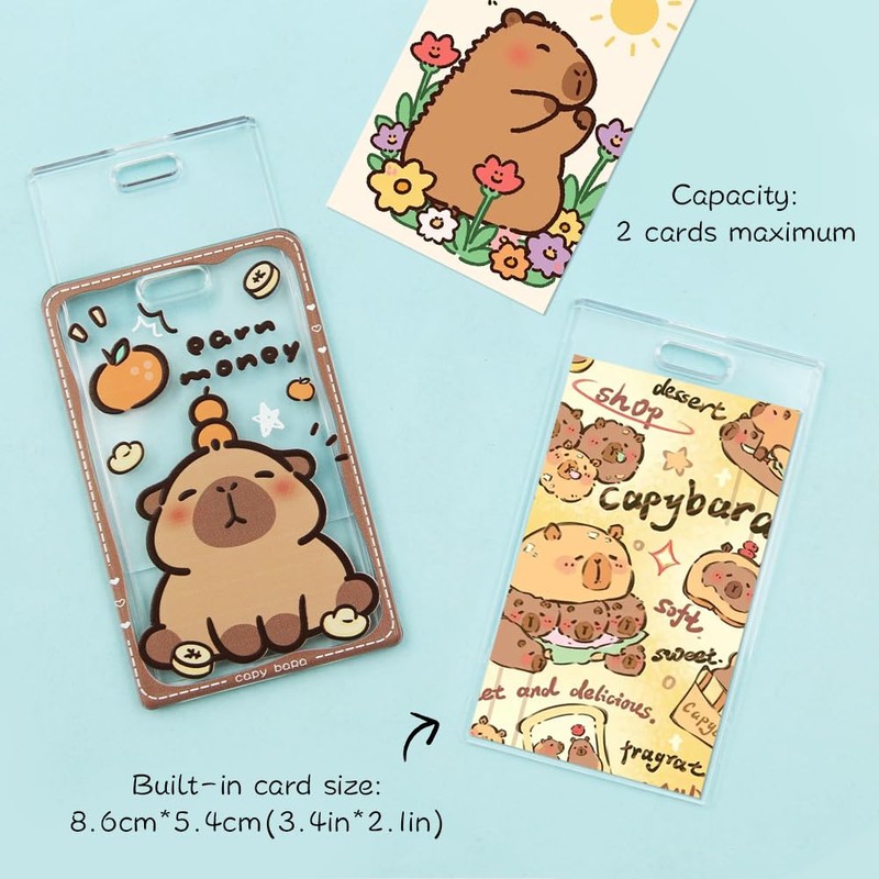 Capybara Orange Card Holder with Brown Edge Extendable Lanyard, Cute
