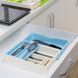 HornTide 3-in-1 Cutlery Tray, Expandable Utensils Holder, Plastic Kitchen Drawer Organizer for Silverware Storage and More - Blue