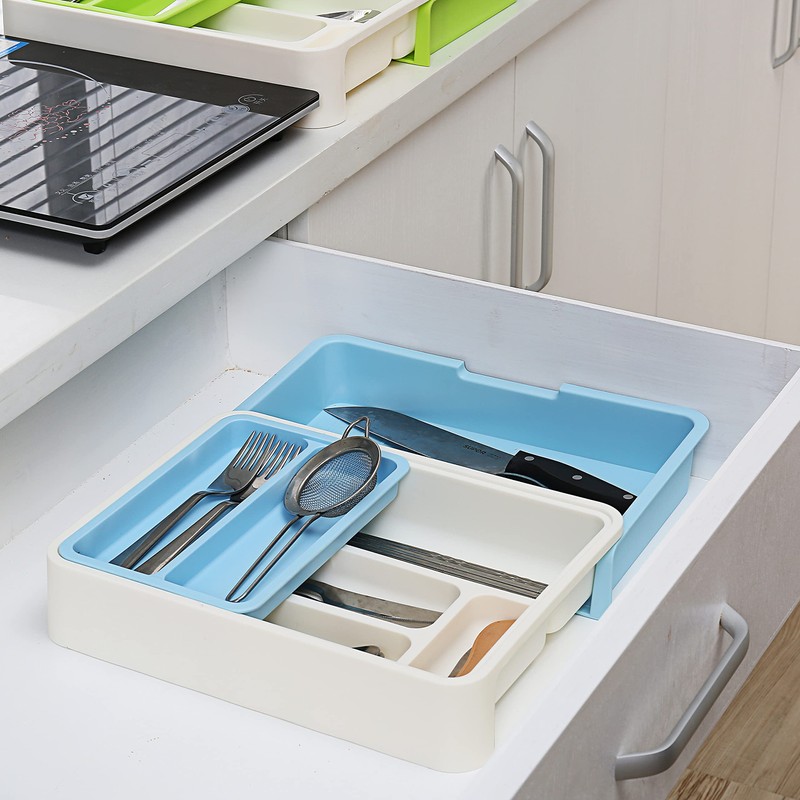HornTide 3-in-1 Cutlery Tray, Expandable Utensils Holder, Plastic Kitchen Drawer
