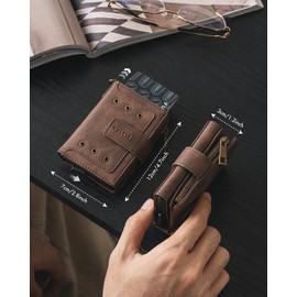 VULKIT Mens Wallet RFID Protected with Chain, POP UP Credit Card Ejector Case, ID Window, Zipper Pocket for Coins and Compartment for Bills/Banknotes, Coffee Brown