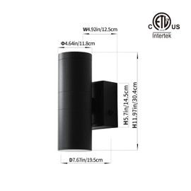 mirrea 12" Modern Outdoor Porch Light Patio Light with Built-in GFCI Outlet 2 Lights in Aluminum Cylinder and Tempered Glass Cover Waterproof Wall Sconce (Matte Black)