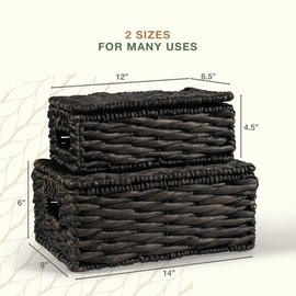 Wicker Basket with Lid - Decorative Storage Boxes for Home Decor, Shelves - Woven Basket with Lid - Wicker Decor - Rattan Box - Decorative Bins with Lids (Black)