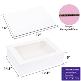 JJO 19x14x5 Inch 6 Pack Cake Boxes with Thick Cake Boards,White Large Rectangle Bakery Boxes with Window,for Brownie,Cupcakes,Pie & Donuts