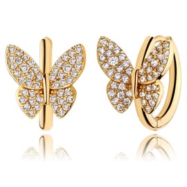FASHGOOD 14K Gold Plated Butterfly Hoop Earrings for Women,Hypoallergenic Hoops Earrings Gold,Dainty Shining White Cubic Zirconia Butterfly Huggie Hoop Earrings for Women