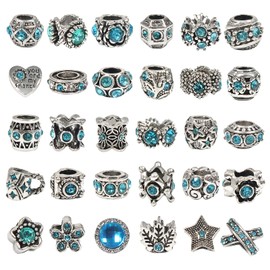 TOAOB 30pcs Blue Large Hole European Beads Antique Silver Metal Rhinestone Rondelle Spacer Charms Beads Assortments for Bracelets Necklaces Jewelry Making