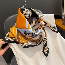 FEIBOON 100% Pure Mulberry Silk Scarfs 26"x26" Square Scarf Women Neckerchief Headscarf hair scarf bandana Gift Packed (Yellow+Horse)