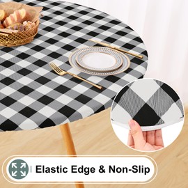 misaya Round Fitted Tablecloth with Elastic Edge, Buffalo Plaid Waterproof Vinyl Flannel Backed Table Cloth Cover Fits 45"-56" Round Tables for Dinner, Outdoor, Picnic, Black White Check