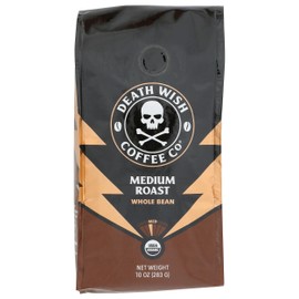 Death Wish Coffee Co. Medium Roast Whole Bean Coffee, Fair Trade, USDA Certified Organic, 10 Ounce (Pack of 6)