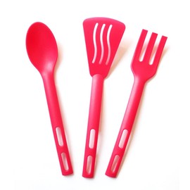 Kitchen Cooking Tools 3Pcs Mini Nylon Kitchen Utensils Set Slotted Turner Solid Spoon Fork Children Dinner Tools (red)