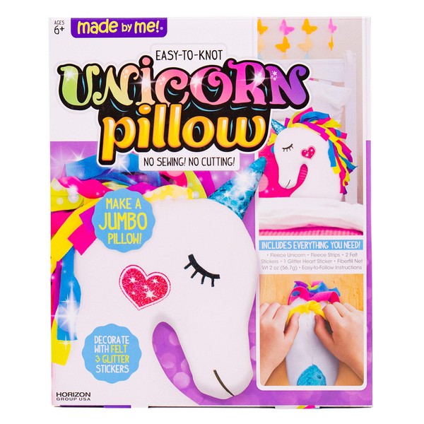 Made By Me Make Your Own Unicorn Pillow by Horizon Group USA, Unicorn Shaped DIY Decorative Pillow. Fiberfill, Glitter Stickers & Rainbow Fleece Strips Included. No Sewing Needed